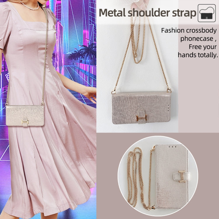 For iPhone 15 Plus POLA Crossbody Chain I-Shape Buckle Sequins Leather Phone Case(White)