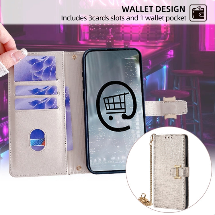 For iPhone 15 Plus POLA Crossbody Chain I-Shape Buckle Sequins Leather Phone Case(White)