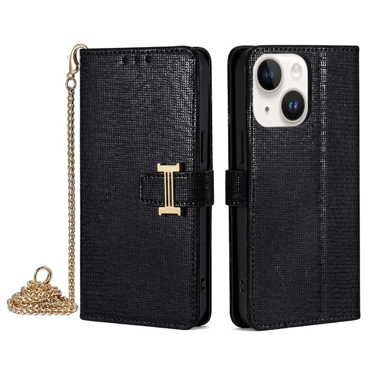 For iPhone 14 Plus POLA Crossbody Chain I-Shape Buckle Sequins Leather Phone Case(Black)
