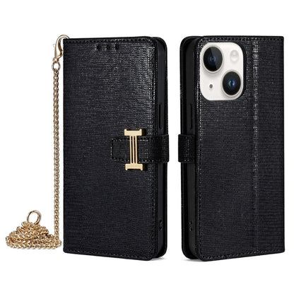 For iPhone 14 Plus POLA Crossbody Chain I-Shape Buckle Sequins Leather Phone Case(Black)