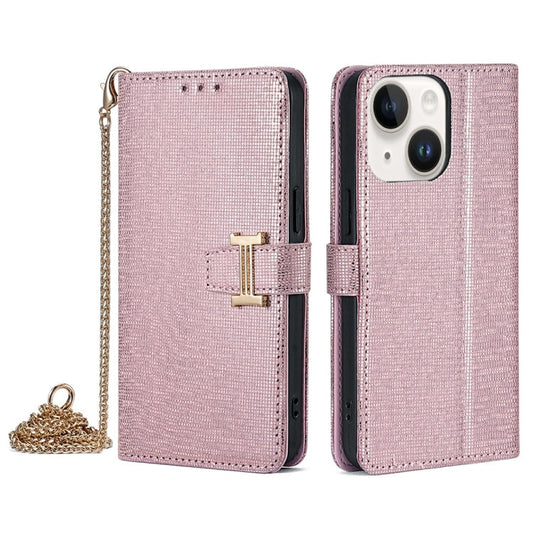 For iPhone 14 POLA Crossbody Chain I-Shape Buckle Sequins Leather Phone Case(Rose Gold)
