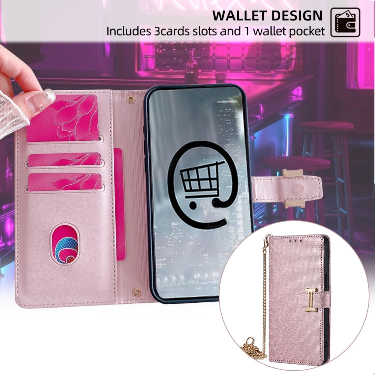For iPhone 14 POLA Crossbody Chain I-Shape Buckle Sequins Leather Phone Case(Rose Gold)
