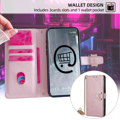 For iPhone 14 POLA Crossbody Chain I-Shape Buckle Sequins Leather Phone Case(Rose Gold)