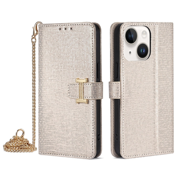 For iPhone 14 POLA Crossbody Chain I-Shape Buckle Sequins Leather Phone Case(White)