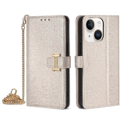 For iPhone 14 POLA Crossbody Chain I-Shape Buckle Sequins Leather Phone Case(White)
