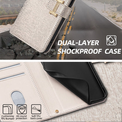 For iPhone 14 POLA Crossbody Chain I-Shape Buckle Sequins Leather Phone Case(White)