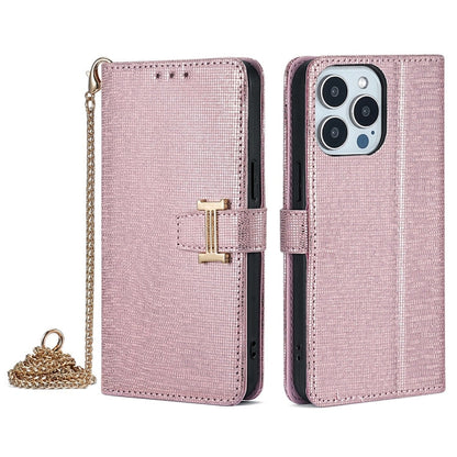 For iPhone 14 Pro POLA Crossbody Chain I-Shape Buckle Sequins Leather Phone Case(Rose Gold)