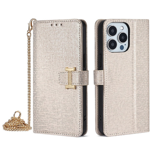 Pour iPhone 14 Pro Max POLA Coque de téléphone en cuir avec paillettes et chaîne de corps croisé à boucle en I (blanc)