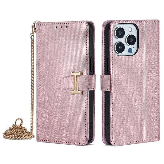 For iPhone 13 Pro Max POLA Crossbody Chain I-Shape Buckle Sequins Leather Phone Case(Rose Gold)