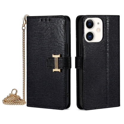 For iPhone 12 / 12 Pro POLA Crossbody Chain I-Shape Buckle Sequins Leather Phone Case(Black)