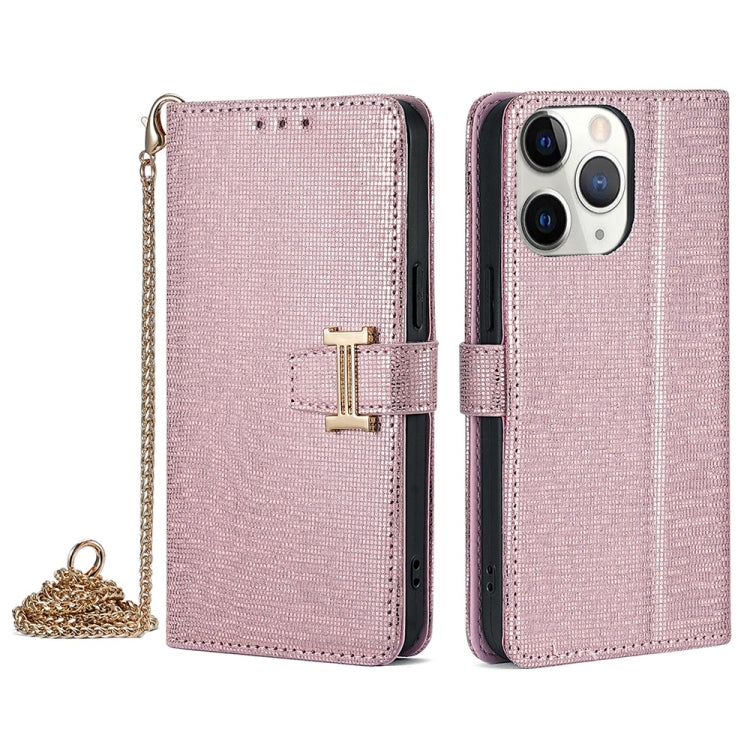 For iPhone 11 Pro Max POLA Crossbody Chain I-Shape Buckle Sequins Leather Phone Case(Rose Gold)