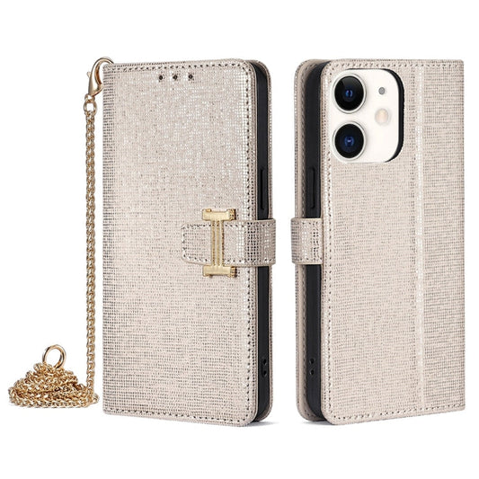 Pour iPhone 11 POLA Étui de téléphone en cuir à paillettes avec boucle en forme de I et chaîne bandoulière (Blanc)
