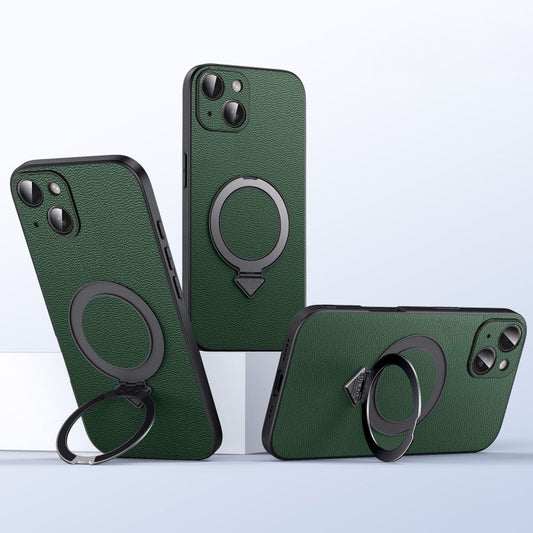 For iPhone 15 SULADA Top Grain Leather MagSafe Magnetic Holder Phone Case(Green)