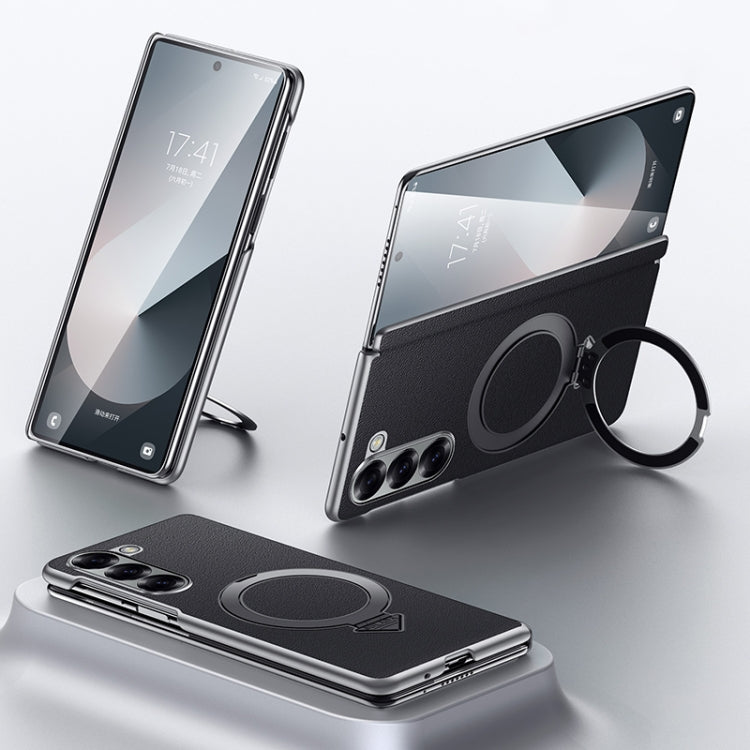 For Samsung Galaxy Z Fold 6 SULADA Top Grain Leather MagSafe Magnetic Holder Phone Case(Black)