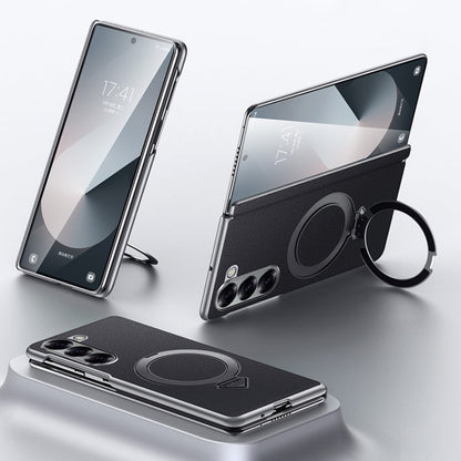 For Samsung Galaxy Z Fold 6 SULADA Top Grain Leather MagSafe Magnetic Holder Phone Case(Black)