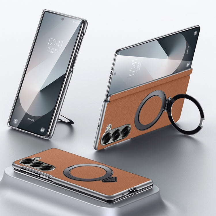 For Samsung Galaxy Z Fold 6 SULADA Top Grain Leather MagSafe Magnetic Holder Phone Case(Brown)