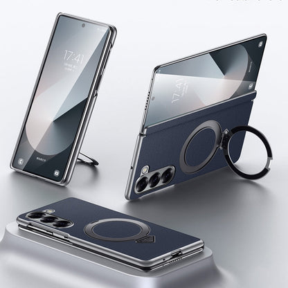 For Samsung Galaxy Z Fold 6 SULADA Top Grain Leather MagSafe Magnetic Holder Phone Case(Blue)