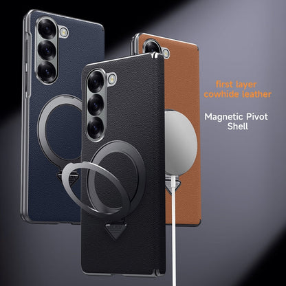 For Samsung Galaxy Z Fold 5 SULADA Top Grain Leather MagSafe Magnetic Holder Phone Case(Black)