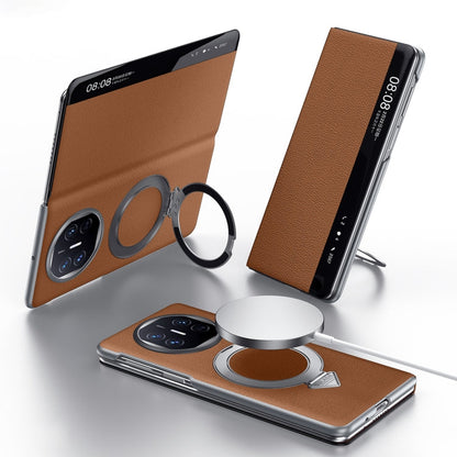 For Huawei Mate X5 / X3 SULADA Smart View Window MagSafe Magnetic Holder Leather Phone Case(Brown)