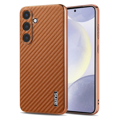 Pour Samsung Galaxy S25 5G AZNS Étui de téléphone à texture en fibre de carbone avec bord galvanisé (marron)