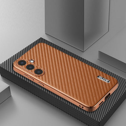 Pour Samsung Galaxy S25 5G AZNS Étui de téléphone à texture en fibre de carbone avec bord galvanisé (marron)