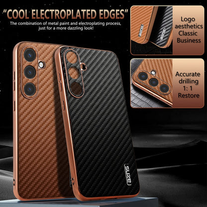 Pour Samsung Galaxy S25 5G AZNS Étui de téléphone à texture en fibre de carbone avec bord galvanisé (marron)