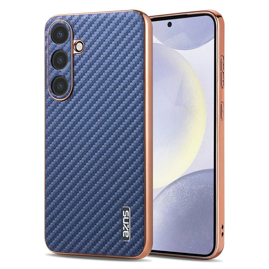 For Samsung Galaxy S25 5G AZNS Electroplated Edge Carbon Fiber Texture Phone Case(Blue)
