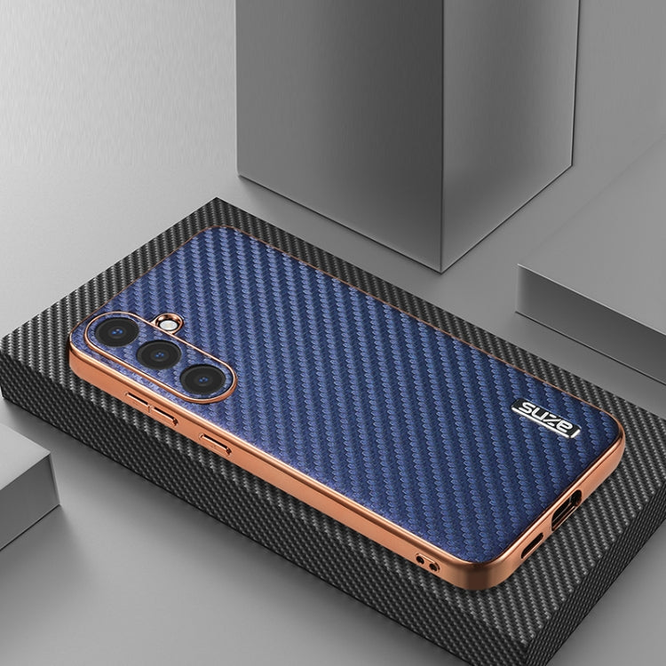 For Samsung Galaxy S25 5G AZNS Electroplated Edge Carbon Fiber Texture Phone Case(Blue)