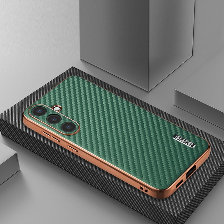 For Samsung Galaxy S25 5G AZNS Electroplated Edge Carbon Fiber Texture Phone Case(Green)