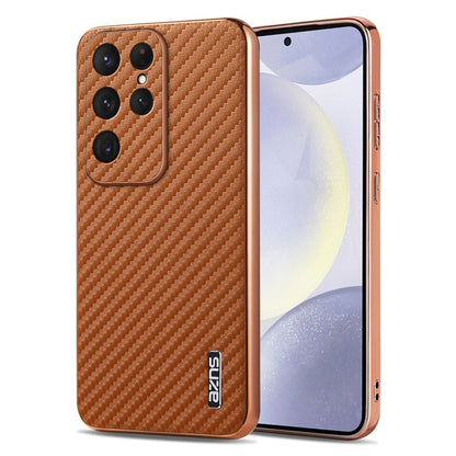 For Samsung Galaxy S25 Ultra 5G AZNS Electroplated Edge Carbon Fiber Texture Phone Case(Brown)