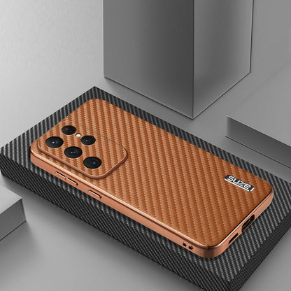For Samsung Galaxy S25 Ultra 5G AZNS Electroplated Edge Carbon Fiber Texture Phone Case(Brown)