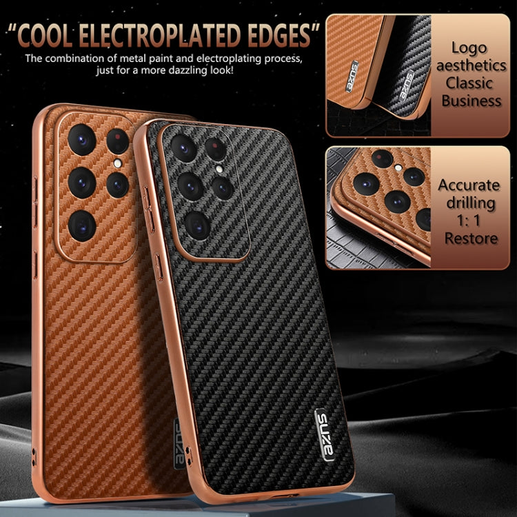 For Samsung Galaxy S25 Ultra 5G AZNS Electroplated Edge Carbon Fiber Texture Phone Case(Brown)
