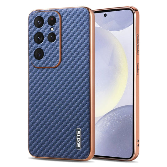 For Samsung Galaxy S25 Ultra 5G AZNS Electroplated Edge Carbon Fiber Texture Phone Case(Blue)