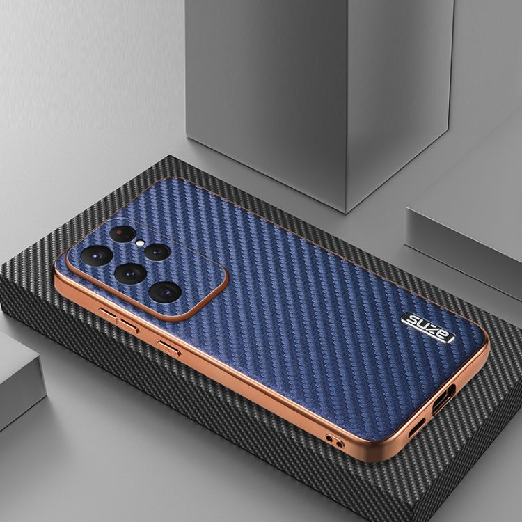 For Samsung Galaxy S25 Ultra 5G AZNS Electroplated Edge Carbon Fiber Texture Phone Case(Blue)