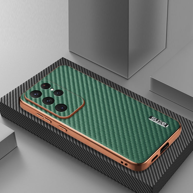 For Samsung Galaxy S25 Ultra 5G AZNS Electroplated Edge Carbon Fiber Texture Phone Case(Green)