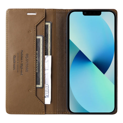 For iPhone 14 / 13 GQUTROBE G01 RFID Anti-theft Leather Phone Case(Brown)