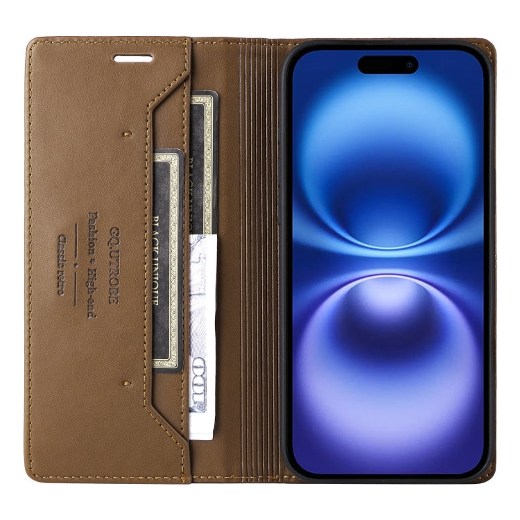 For iPhone 16 GQUTROBE G01 RFID Anti-theft Leather Phone Case(Brown)