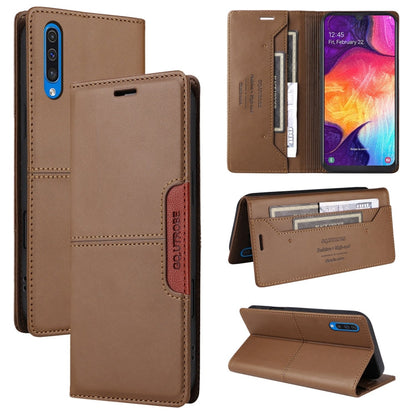 For Samsung Galaxy A70 GQUTROBE G01 RFID Anti-theft Leather Phone Case(Brown)