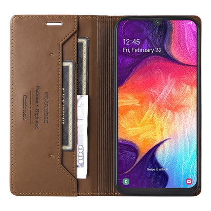 For Samsung Galaxy A70 GQUTROBE G01 RFID Anti-theft Leather Phone Case(Brown)