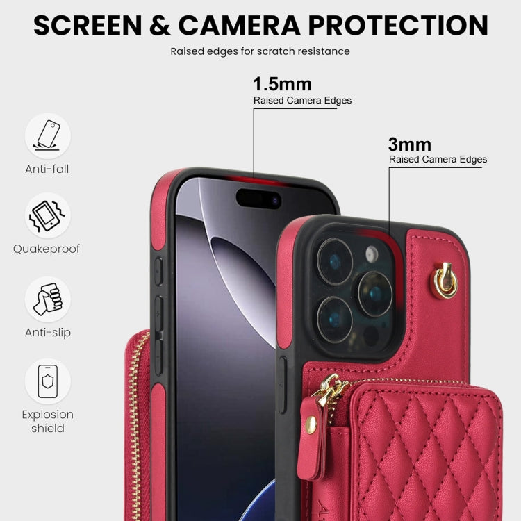 For iPhone 16 Pro Max AwQuer Crossbody Zipper Wallet Rhombic Leather Back Phone Case(Red)