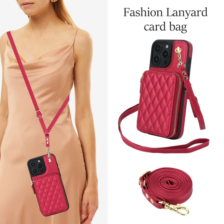 For iPhone 16 Pro Max AwQuer Crossbody Zipper Wallet Rhombic Leather Back Phone Case(Red)