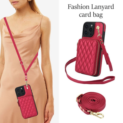 For iPhone 16 Pro Max AwQuer Crossbody Zipper Wallet Rhombic Leather Back Phone Case(Red)