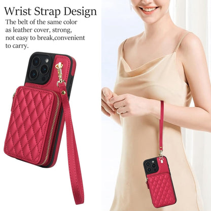 For iPhone 16 Pro Max AwQuer Crossbody Zipper Wallet Rhombic Leather Back Phone Case(Red)