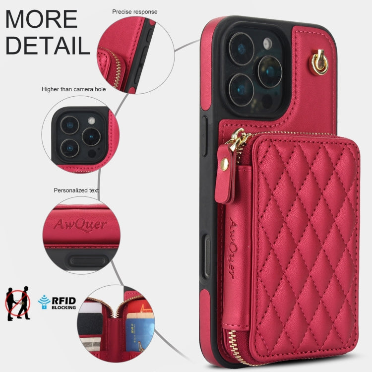 For iPhone 16 Pro Max AwQuer Crossbody Zipper Wallet Rhombic Leather Back Phone Case(Red)