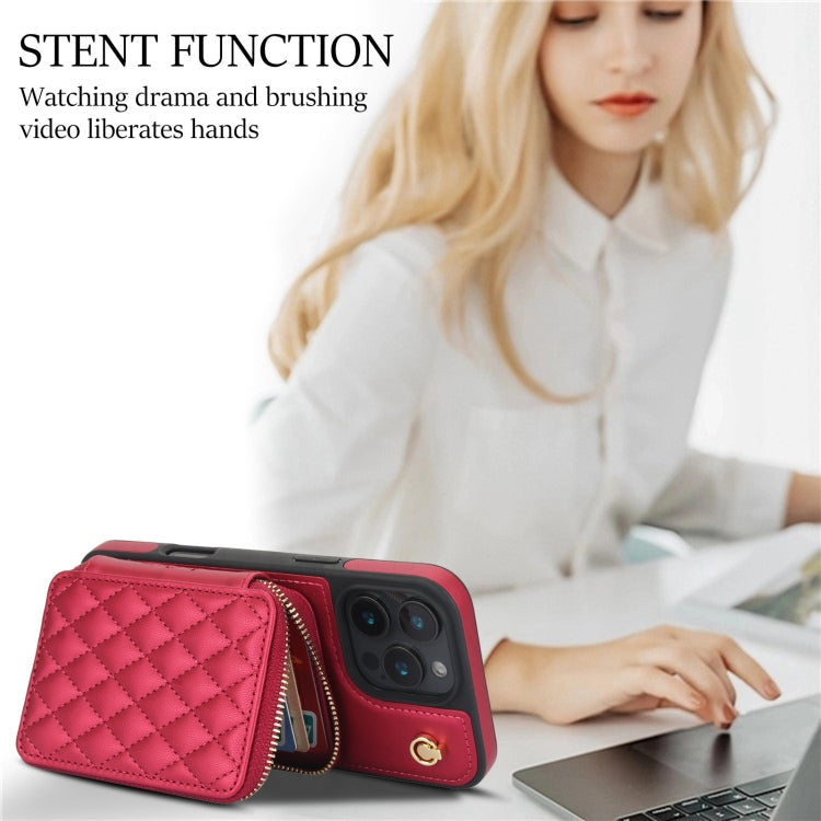 For iPhone 16 Pro Max AwQuer Crossbody Zipper Wallet Rhombic Leather Back Phone Case(Red)