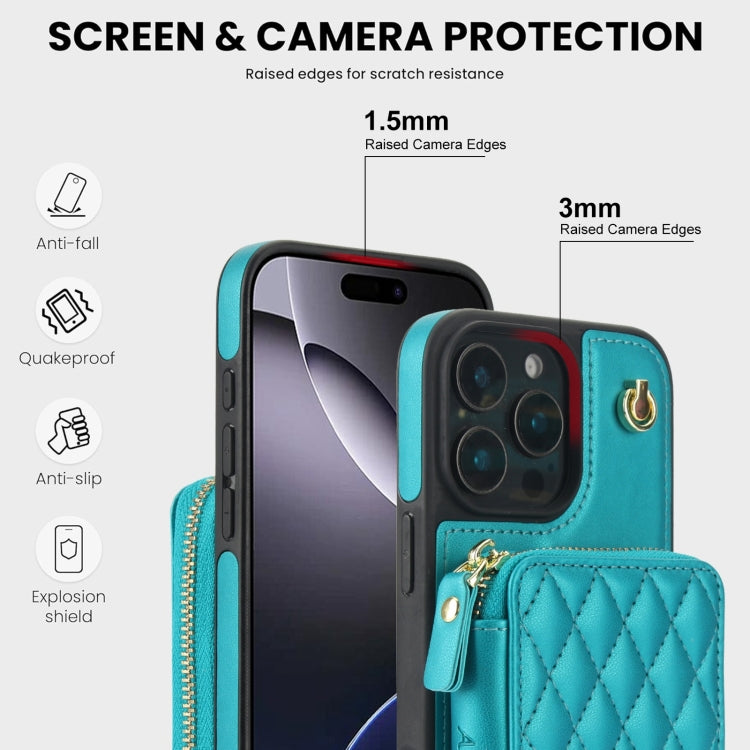 For iPhone 16 Pro Max AwQuer Crossbody Zipper Wallet Rhombic Leather Back Phone Case(Green)