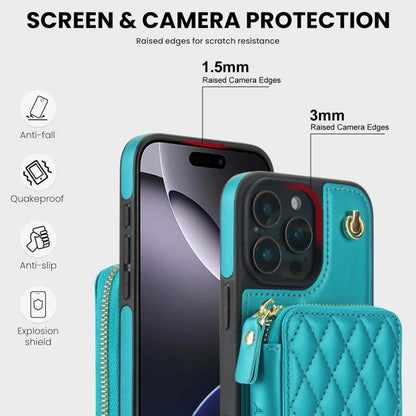 For iPhone 16 Pro Max AwQuer Crossbody Zipper Wallet Rhombic Leather Back Phone Case(Green)