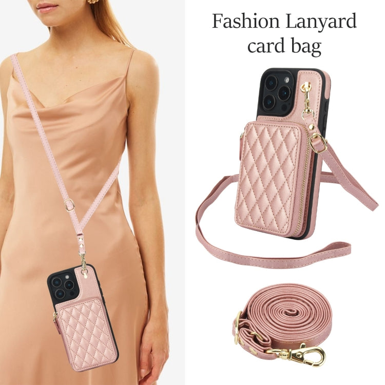 For iPhone 16 Pro Max AwQuer Crossbody Zipper Wallet Rhombic Leather Back Phone Case(Rose Gold)