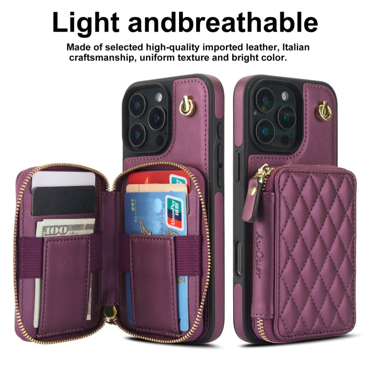 For iPhone 16 Pro Max AwQuer Crossbody Zipper Wallet Rhombic Leather Back Phone Case(Dark Purple)