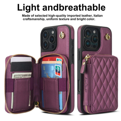 For iPhone 16 Pro Max AwQuer Crossbody Zipper Wallet Rhombic Leather Back Phone Case(Dark Purple)